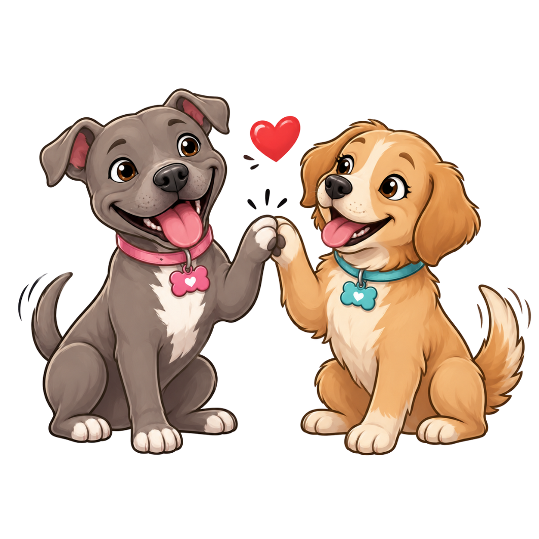 Two happy dogs giving each other a high five with a heart